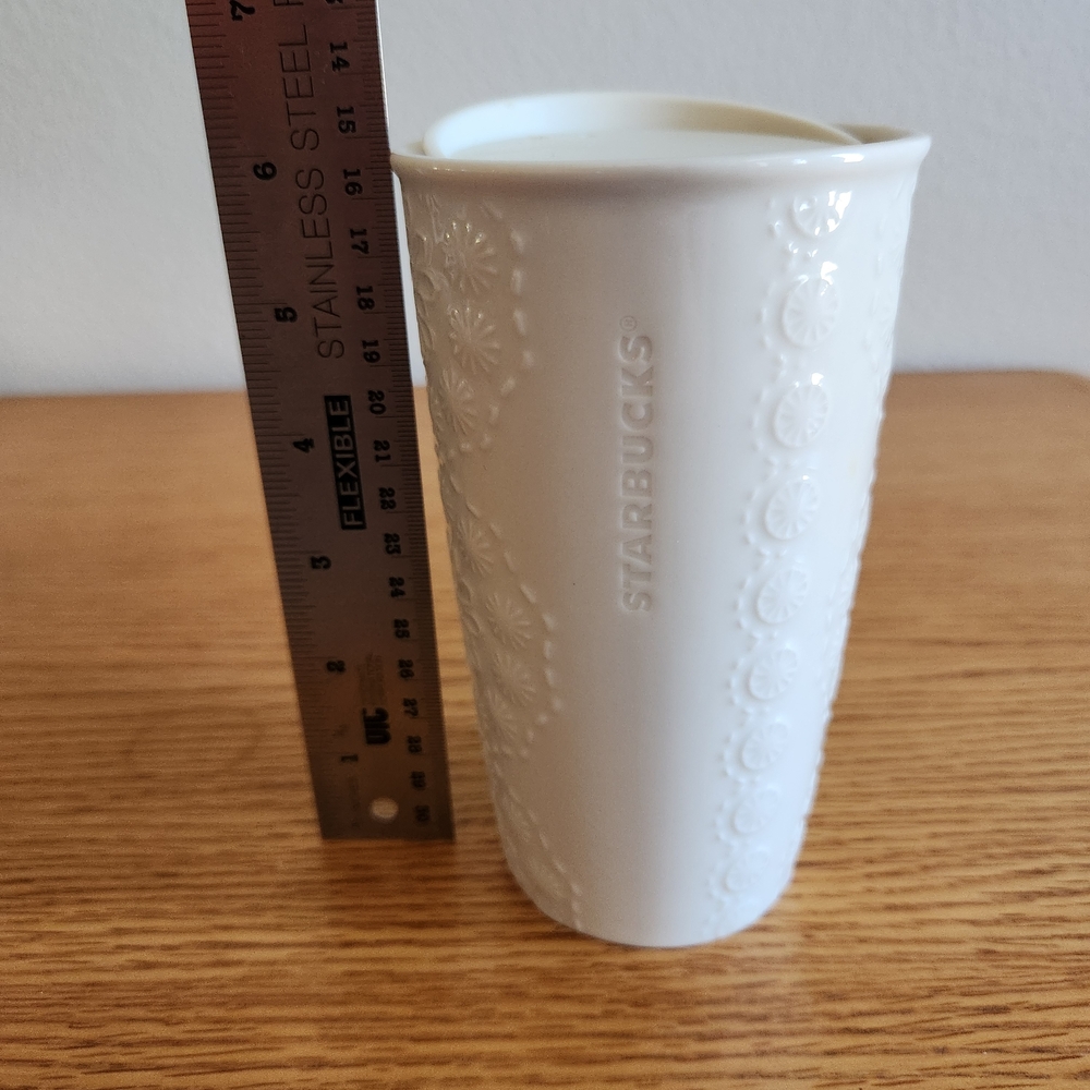 Starbucks White Embossed Ceramic Tumbler w/Lid - Picture 7 of 8